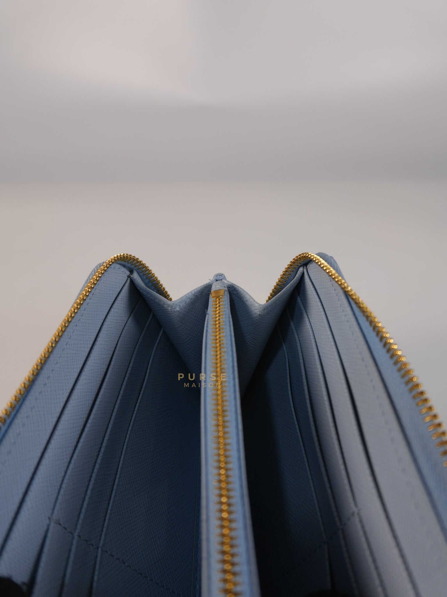 1ML506 Light Blue Saffiano Leather Long Zip Wallet | Purse Maison Luxury Bags Shop