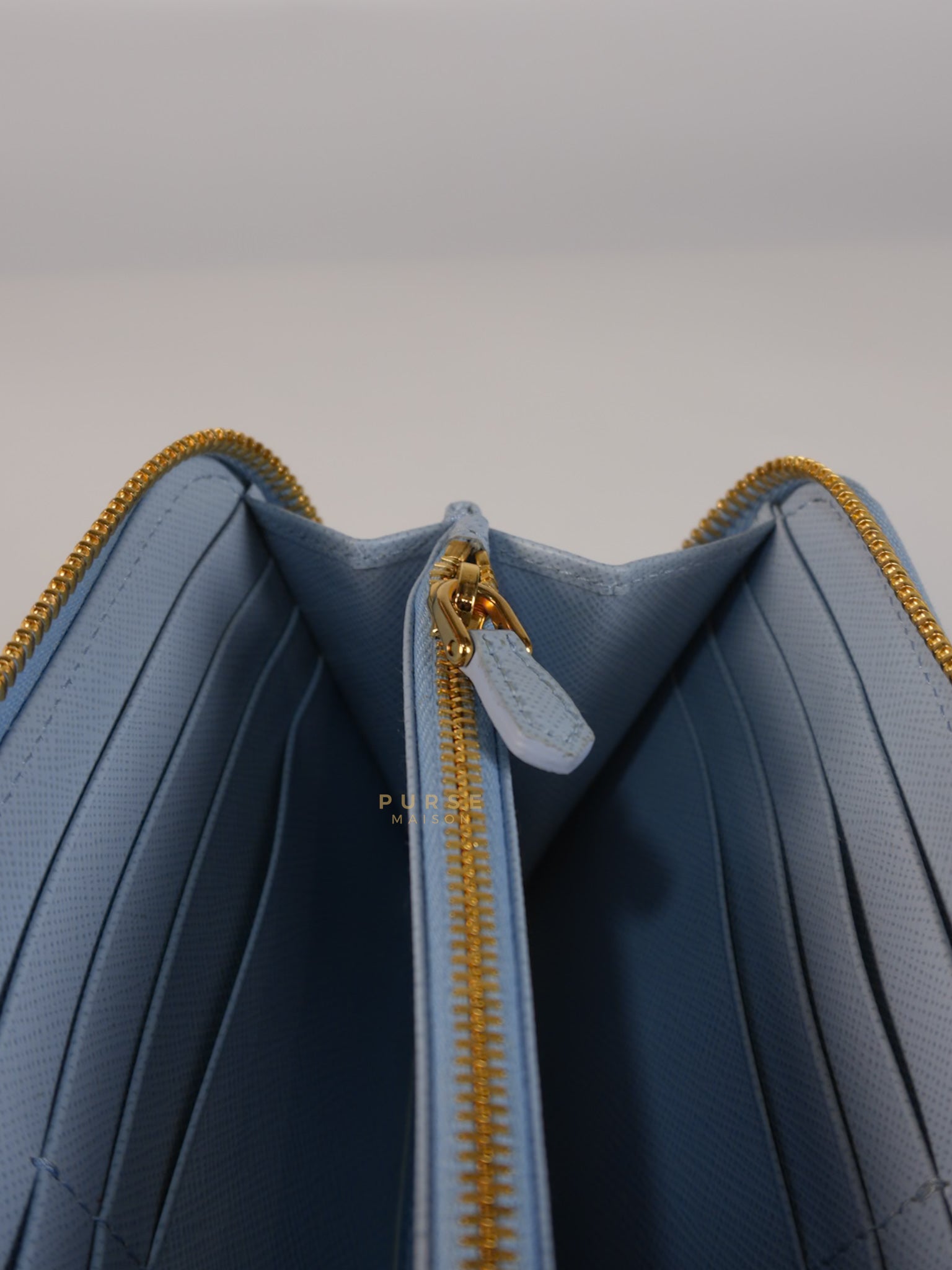 1ML506 Light Blue Saffiano Leather Long Zip Wallet | Purse Maison Luxury Bags Shop