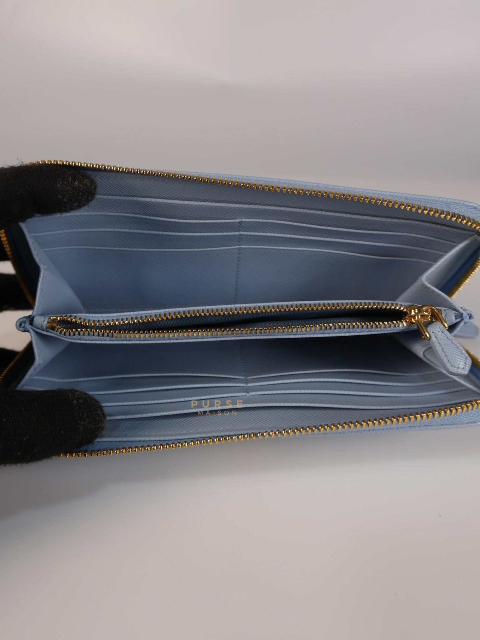 1ML506 Light Blue Saffiano Leather Long Zip Wallet | Purse Maison Luxury Bags Shop