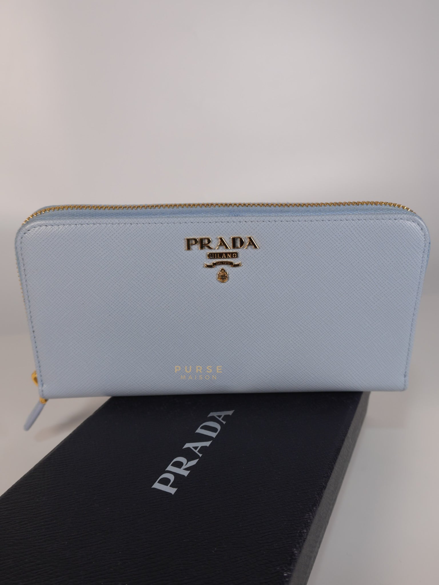 1ML506 Light Blue Saffiano Leather Long Zip Wallet | Purse Maison Luxury Bags Shop