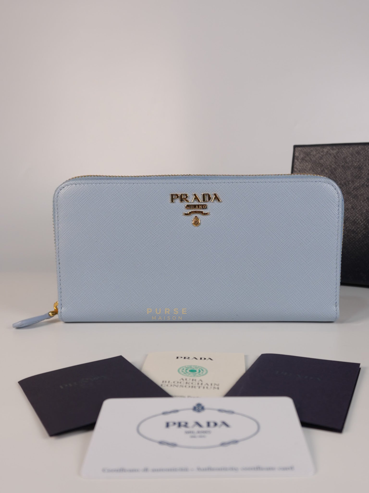 1ML506 Light Blue Saffiano Leather Long Zip Wallet | Purse Maison Luxury Bags Shop