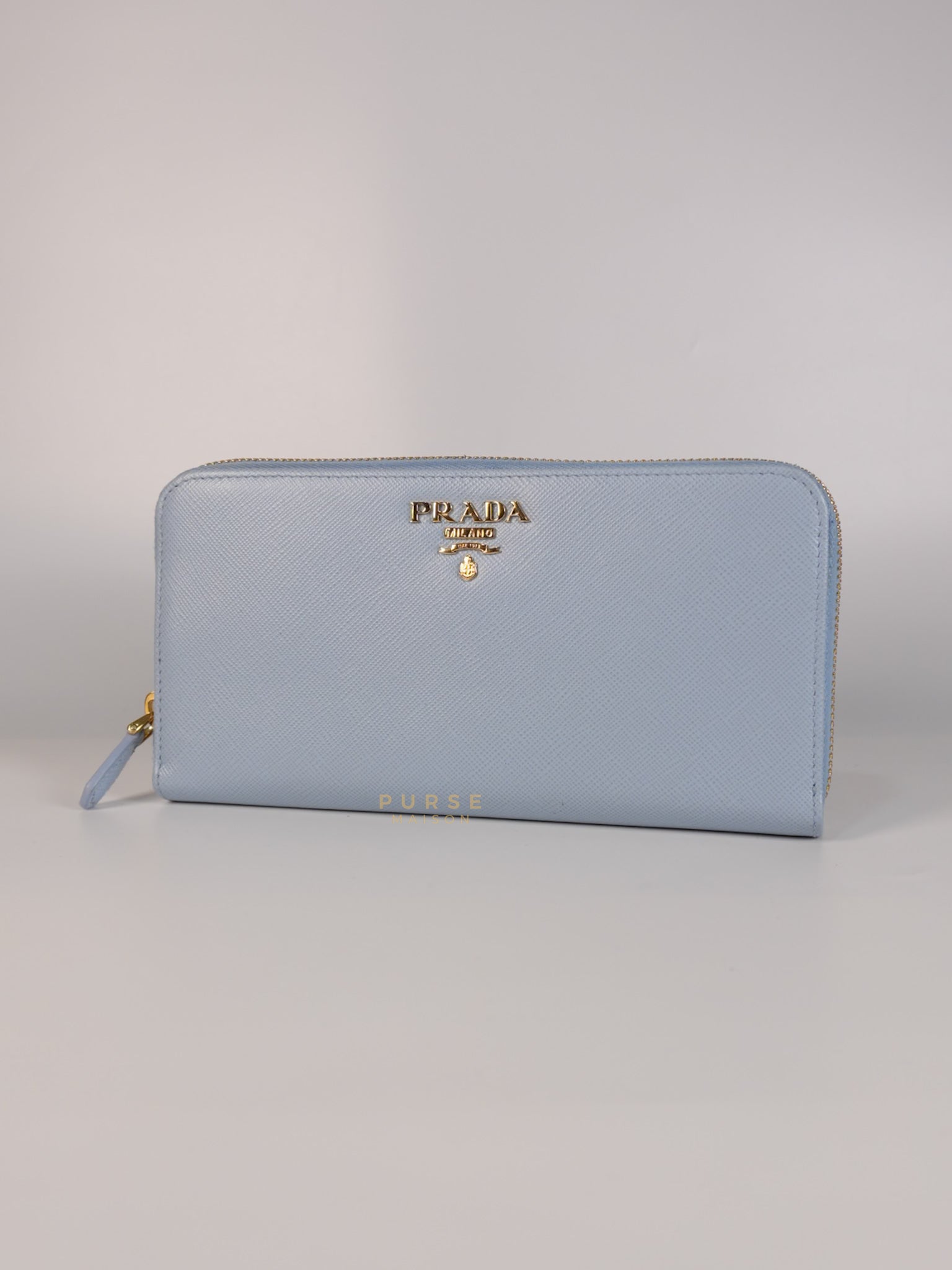 1ML506 Light Blue Saffiano Leather Long Zip Wallet | Purse Maison Luxury Bags Shop