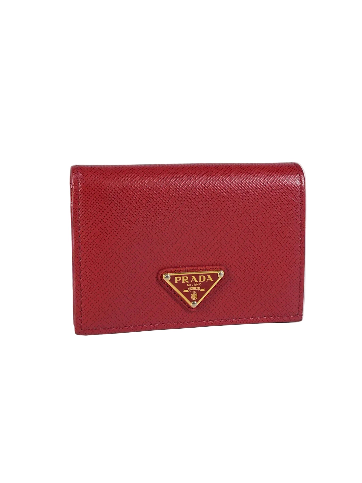 1MV021 Triangle Logo Bi-fold Wallet in Fouco/Red Saffiano Leather | Purse Maison Luxury Bags Shop