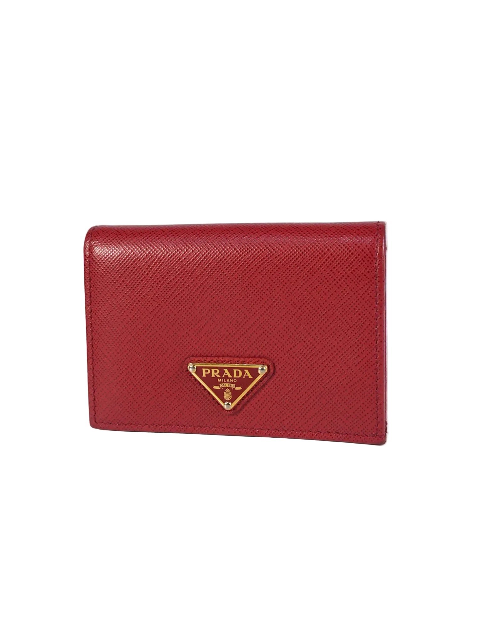 1MV021 Triangle Logo Bi-fold Wallet in Fouco/Red Saffiano Leather | Purse Maison Luxury Bags Shop