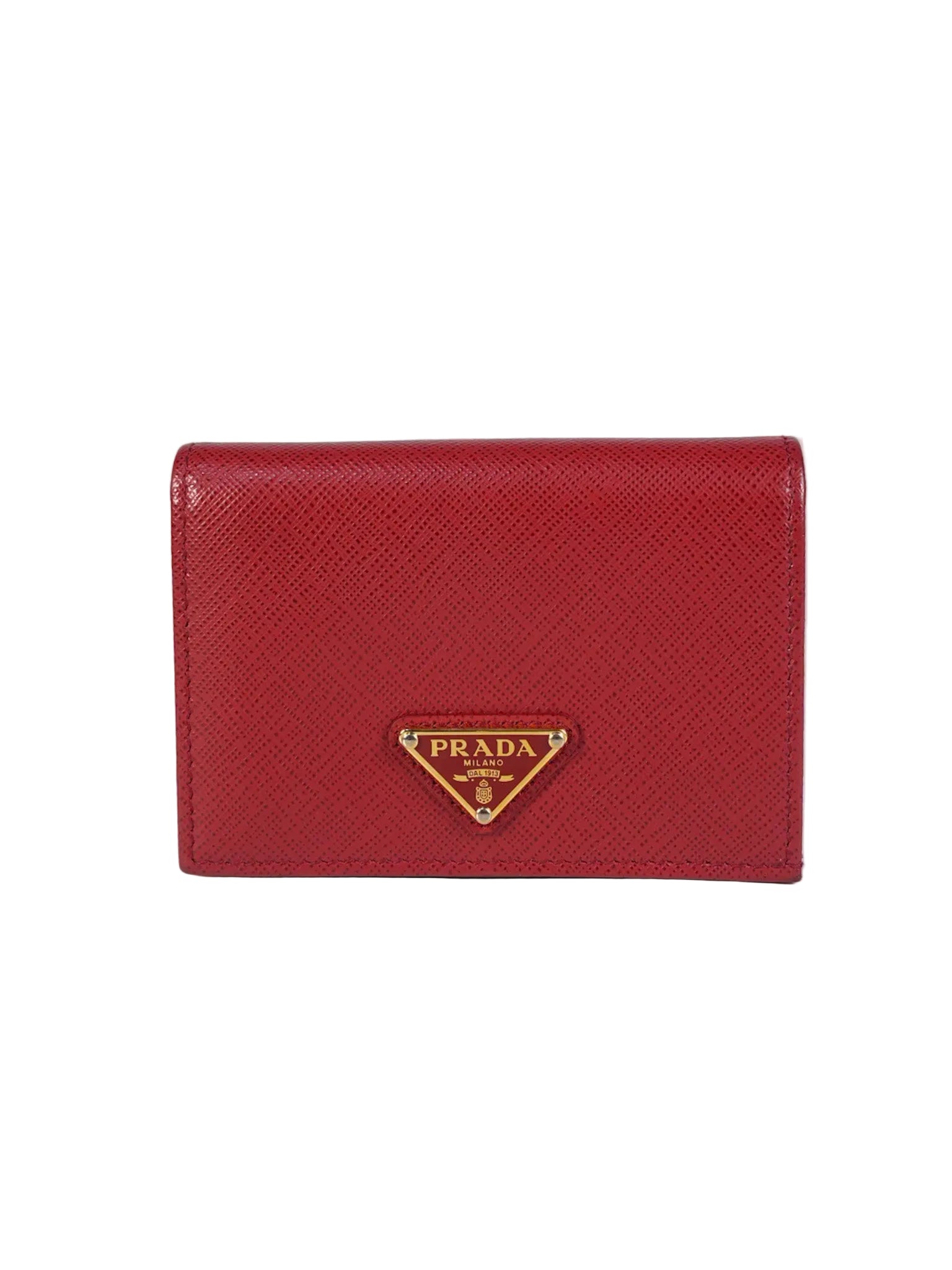 1MV021 Triangle Logo Bi-fold Wallet in Fouco/Red Saffiano Leather | Purse Maison Luxury Bags Shop