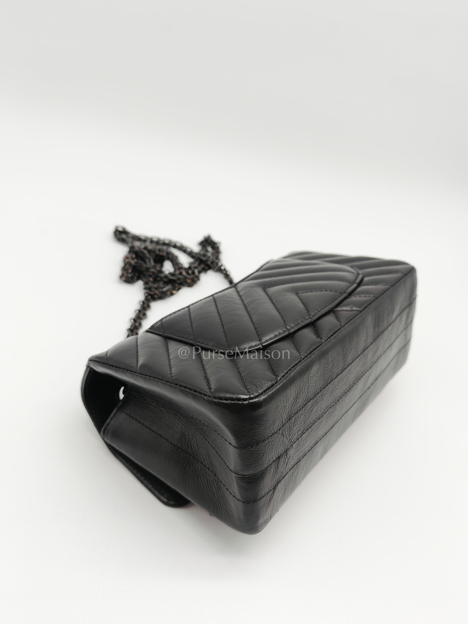 20A Mini Reissue Mademoiselle Flap 2.55 in Chevron Aged Calfskin Leather So Black Hardware (Series 30) | Purse Maison Luxury Bags Shop