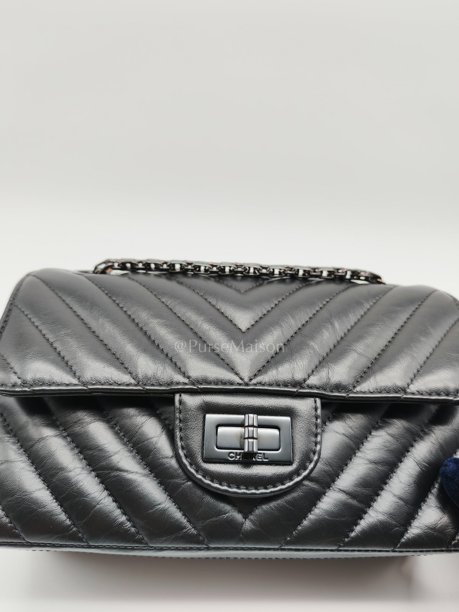 20A Mini Reissue Mademoiselle Flap 2.55 in Chevron Aged Calfskin Leather So Black Hardware (Series 30) | Purse Maison Luxury Bags Shop