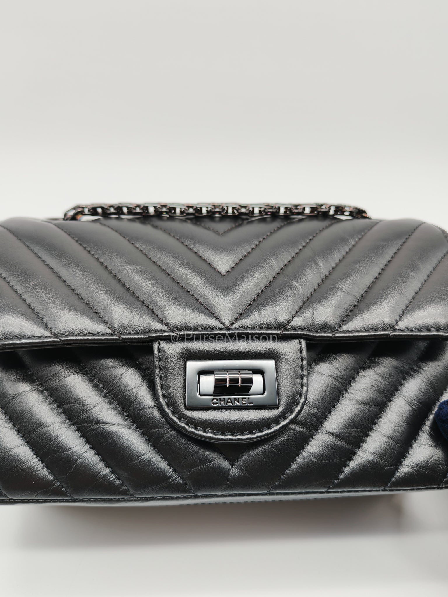 20A Mini Reissue Mademoiselle Flap 2.55 in Chevron Aged Calfskin Leather So Black Hardware (Series 30) | Purse Maison Luxury Bags Shop