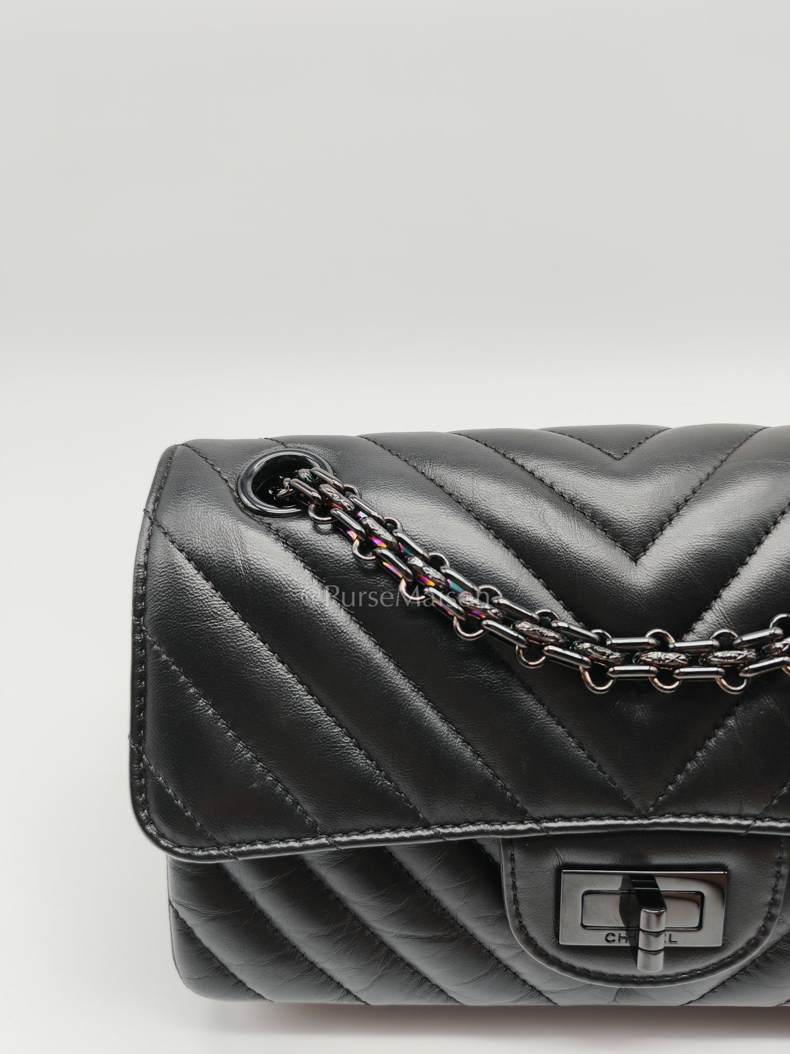 20A Mini Reissue Mademoiselle Flap 2.55 in Chevron Aged Calfskin Leather So Black Hardware (Series 30) | Purse Maison Luxury Bags Shop