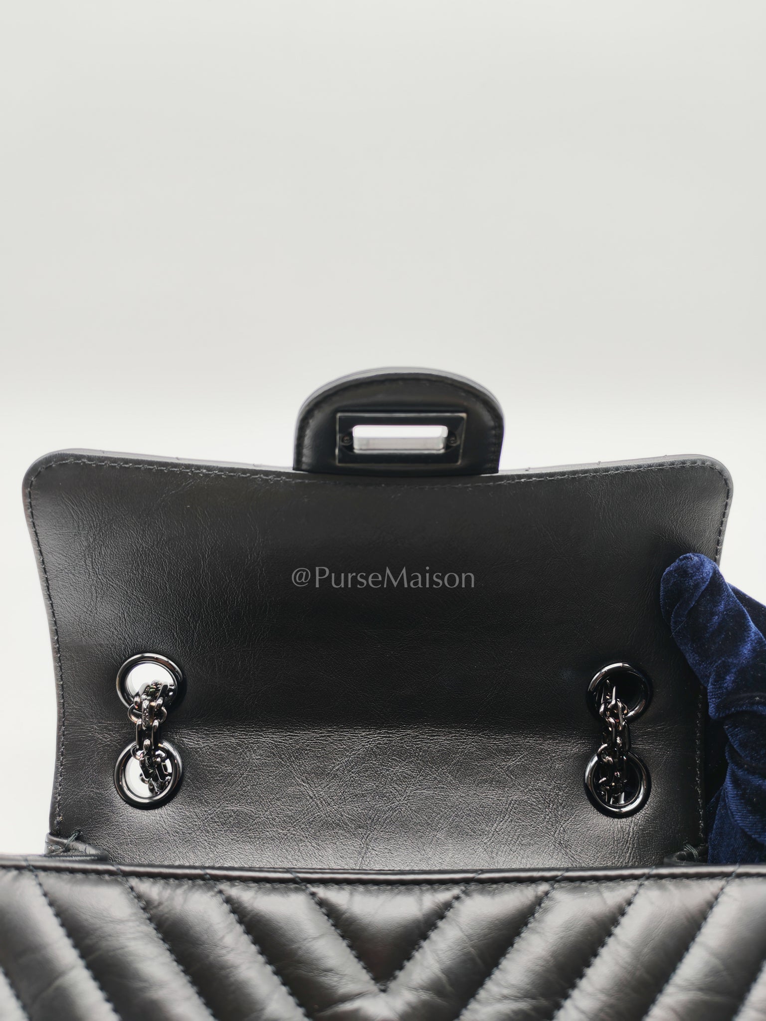 20A Mini Reissue Mademoiselle Flap 2.55 in Chevron Aged Calfskin Leather So Black Hardware (Series 30) | Purse Maison Luxury Bags Shop