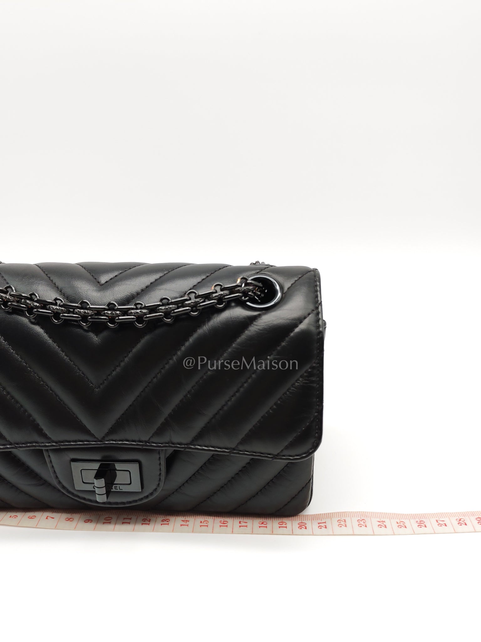 20A Mini Reissue Mademoiselle Flap 2.55 in Chevron Aged Calfskin Leather So Black Hardware (Series 30) | Purse Maison Luxury Bags Shop