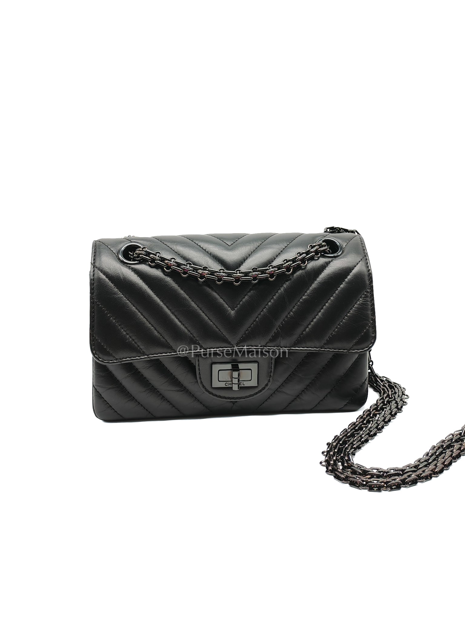 20A Mini Reissue Mademoiselle Flap 2.55 in Chevron Aged Calfskin Leather So Black Hardware (Series 30) | Purse Maison Luxury Bags Shop