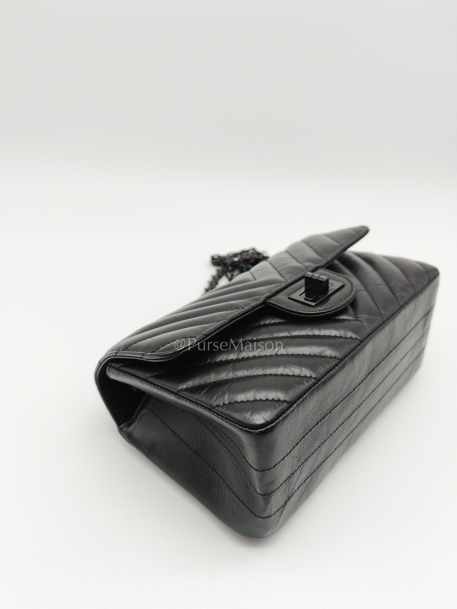 20A Mini Reissue Mademoiselle Flap 2.55 in Chevron Aged Calfskin Leather So Black Hardware (Series 30) | Purse Maison Luxury Bags Shop