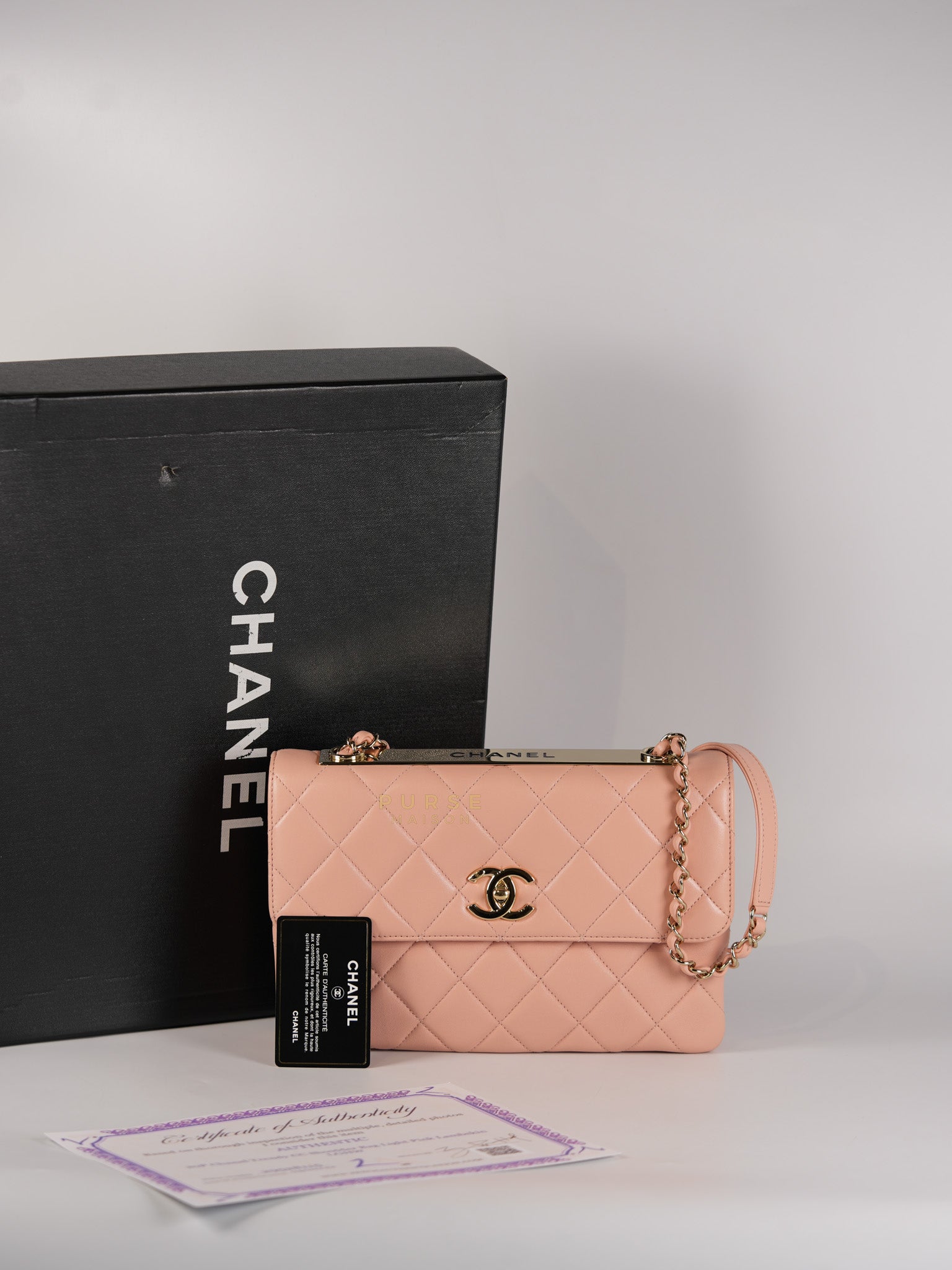 20P Trendy CC in Light Pink Quilted Calfskin Leather and Light Gold Hardware Series 29 | Purse Maison Luxury Bags Shop