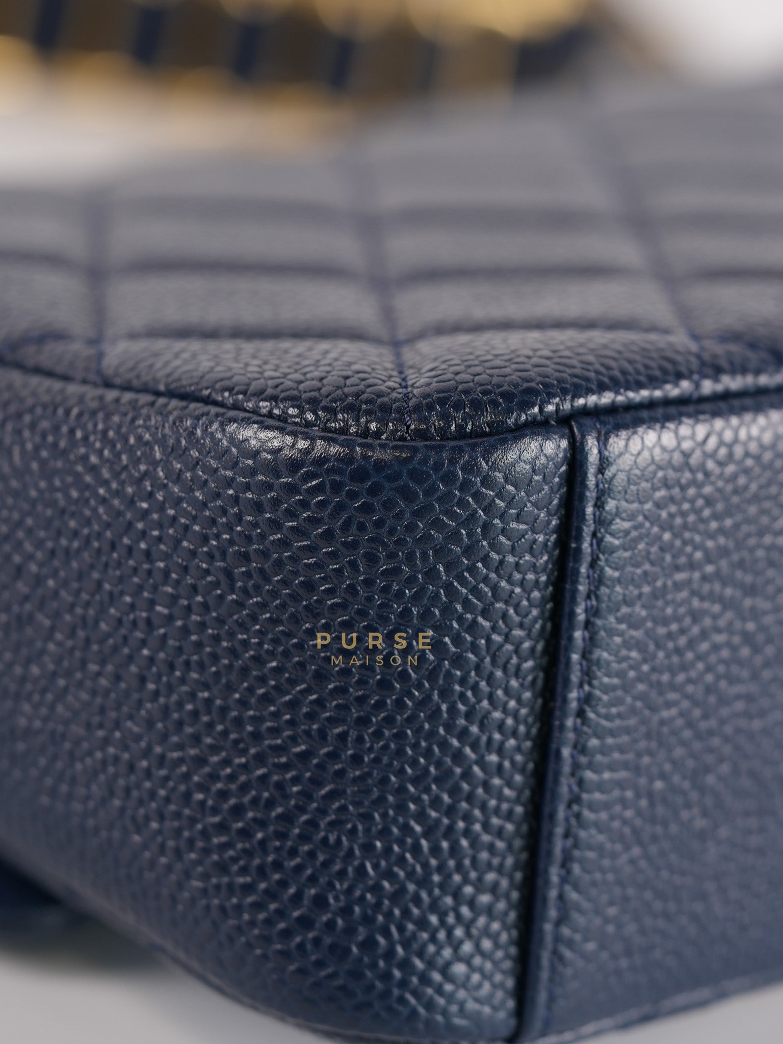21A Chain Soul Flap in Navy Blue Quilted Caviar Leather and Aged Gold Hardware Microchip | Purse Maison Luxury Bags Shop