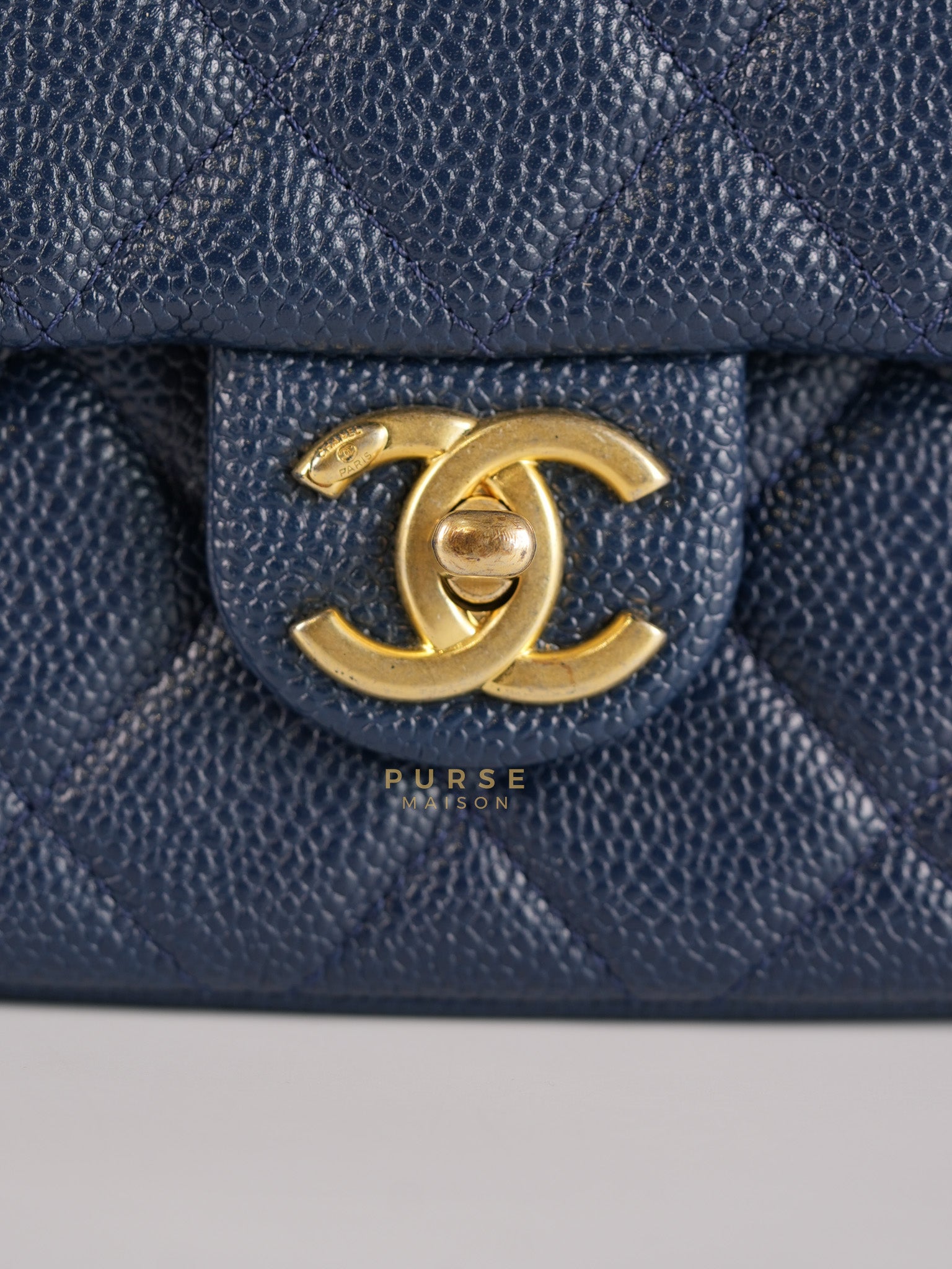 21A Chain Soul Flap in Navy Blue Quilted Caviar Leather and Aged Gold Hardware Microchip | Purse Maison Luxury Bags Shop