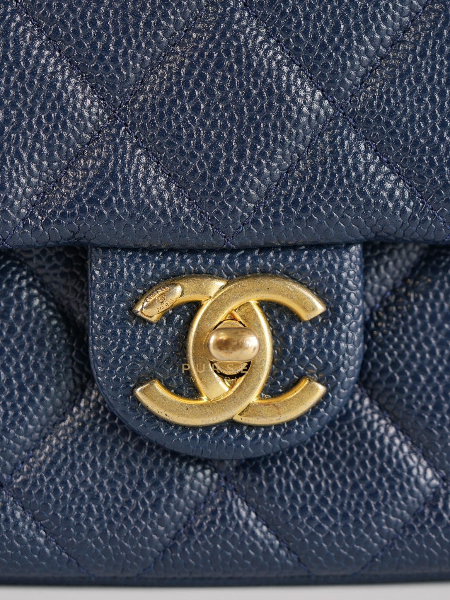 21A Chain Soul Flap in Navy Blue Quilted Caviar Leather and Aged Gold Hardware Microchip | Purse Maison Luxury Bags Shop