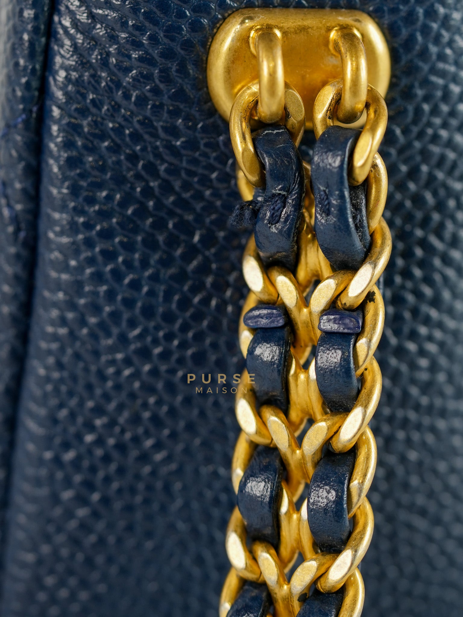 21A Chain Soul Flap in Navy Blue Quilted Caviar Leather and Aged Gold Hardware Microchip | Purse Maison Luxury Bags Shop