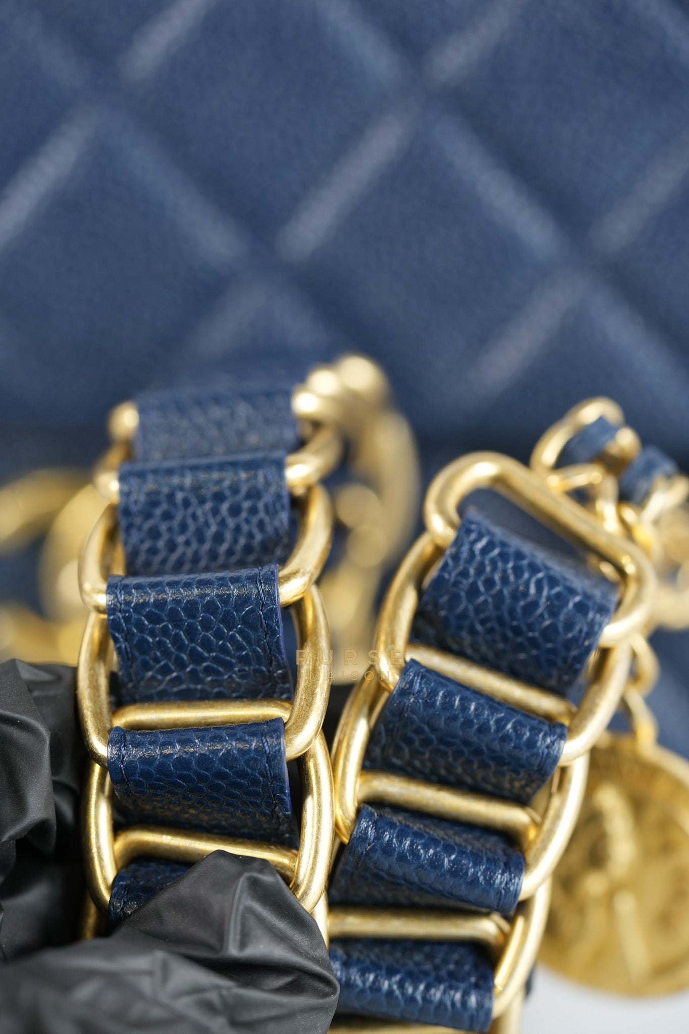 21A Chain Soul Flap in Navy Blue Quilted Caviar Leather and Aged Gold Hardware Microchip | Purse Maison Luxury Bags Shop