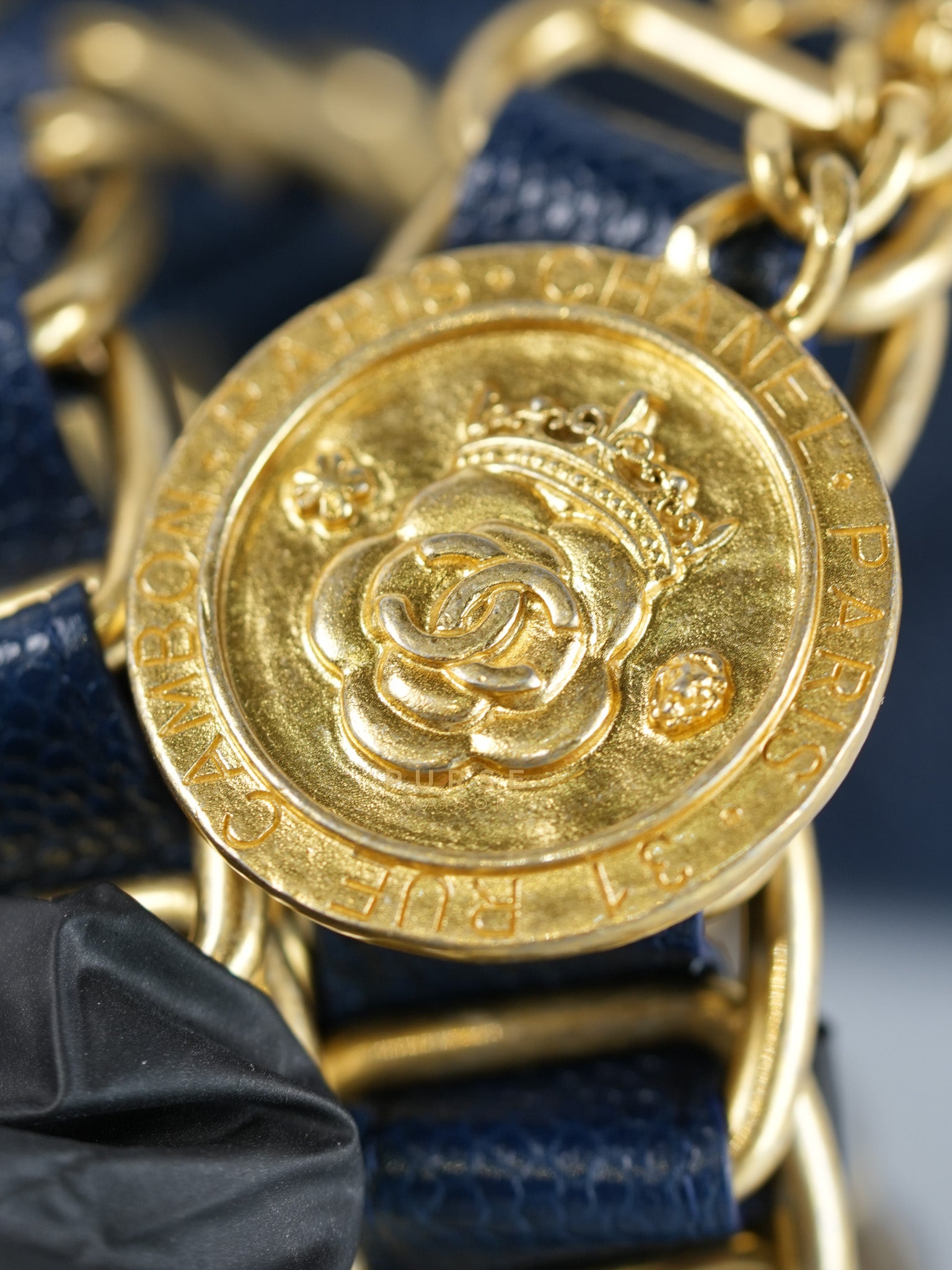 21A Chain Soul Flap in Navy Blue Quilted Caviar Leather and Aged Gold Hardware Microchip | Purse Maison Luxury Bags Shop