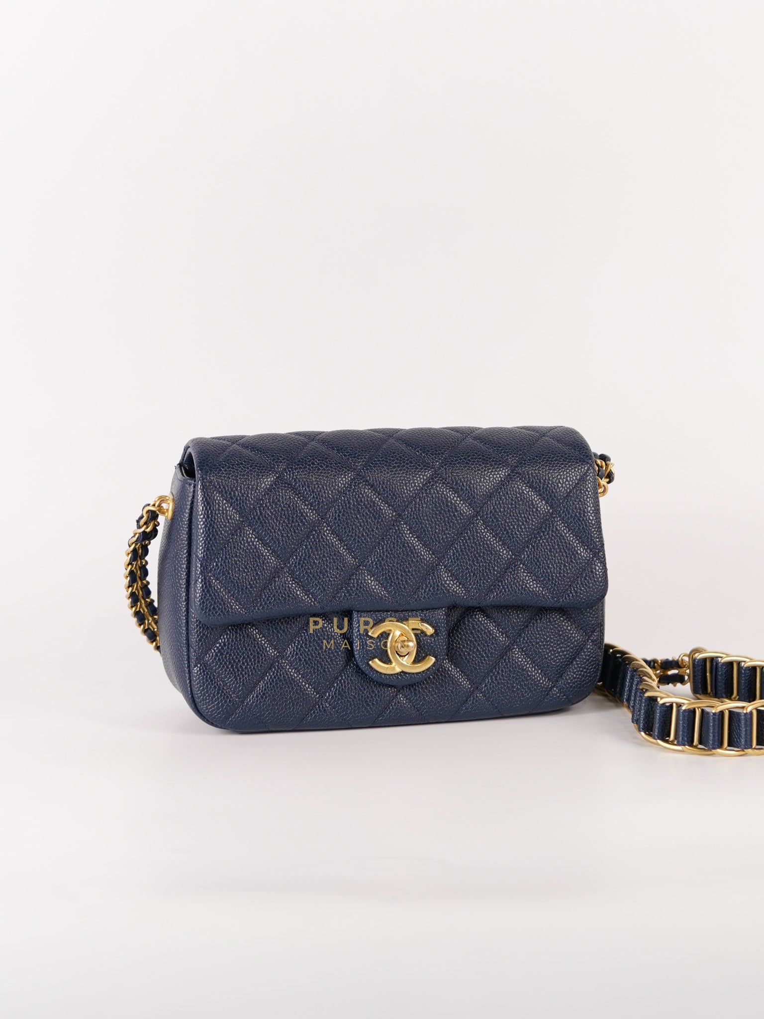 21A Chain Soul Flap in Navy Blue Quilted Caviar Leather and Aged Gold Hardware Microchip | Purse Maison Luxury Bags Shop
