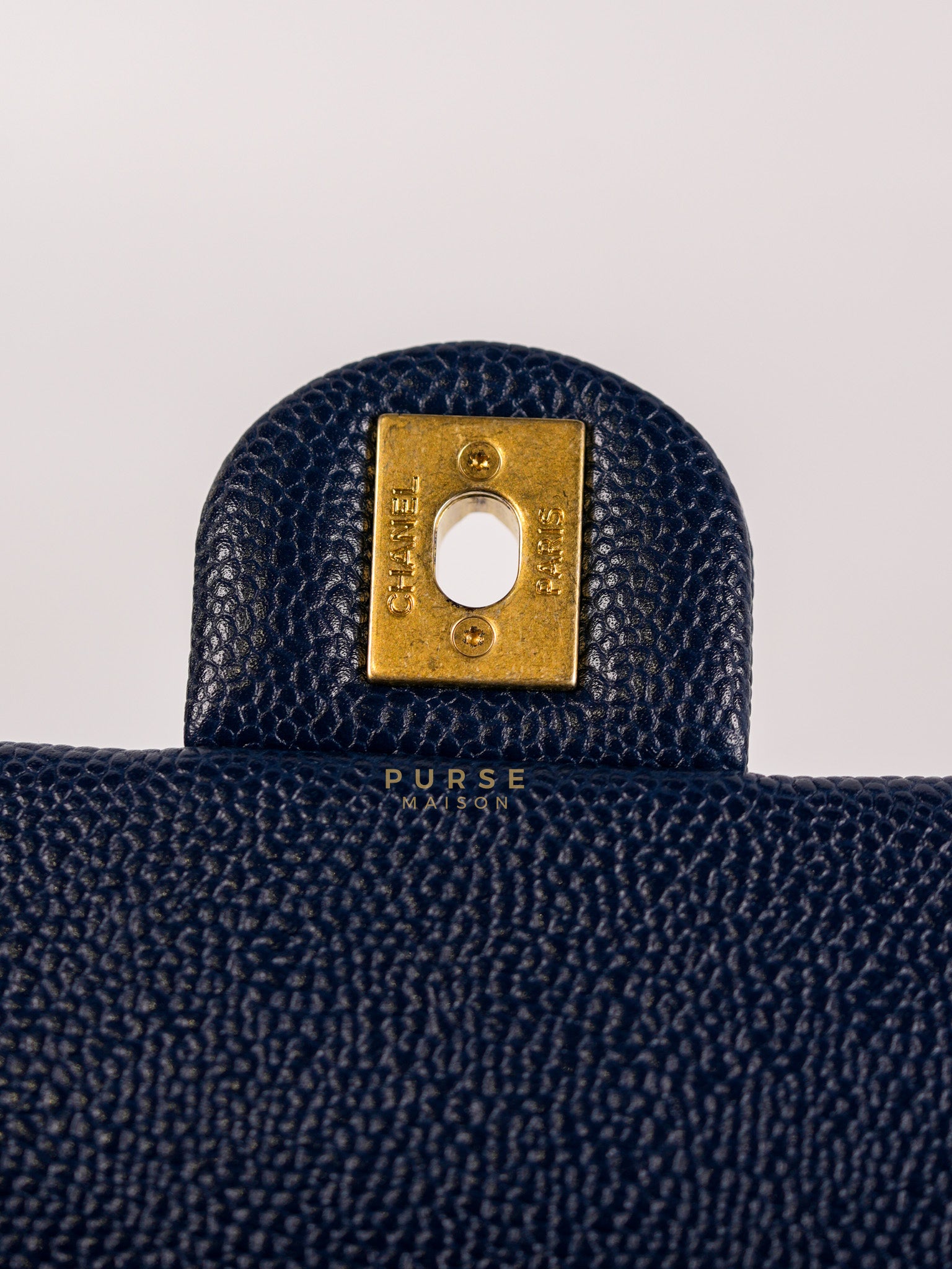 21A Chain Soul Flap in Navy Blue Quilted Caviar Leather and Aged Gold Hardware Microchip | Purse Maison Luxury Bags Shop