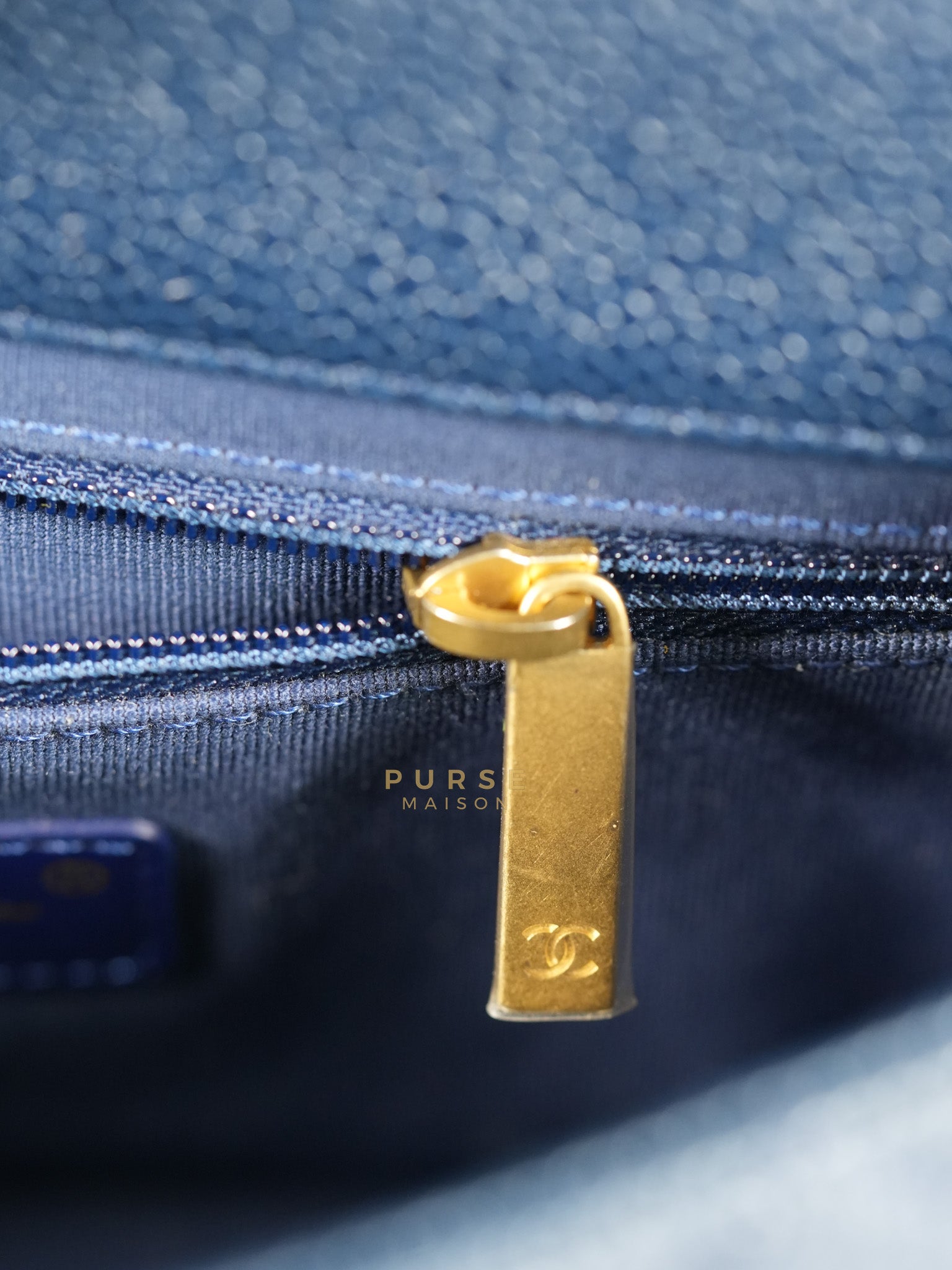 21A Chain Soul Flap in Navy Blue Quilted Caviar Leather and Aged Gold Hardware Microchip | Purse Maison Luxury Bags Shop