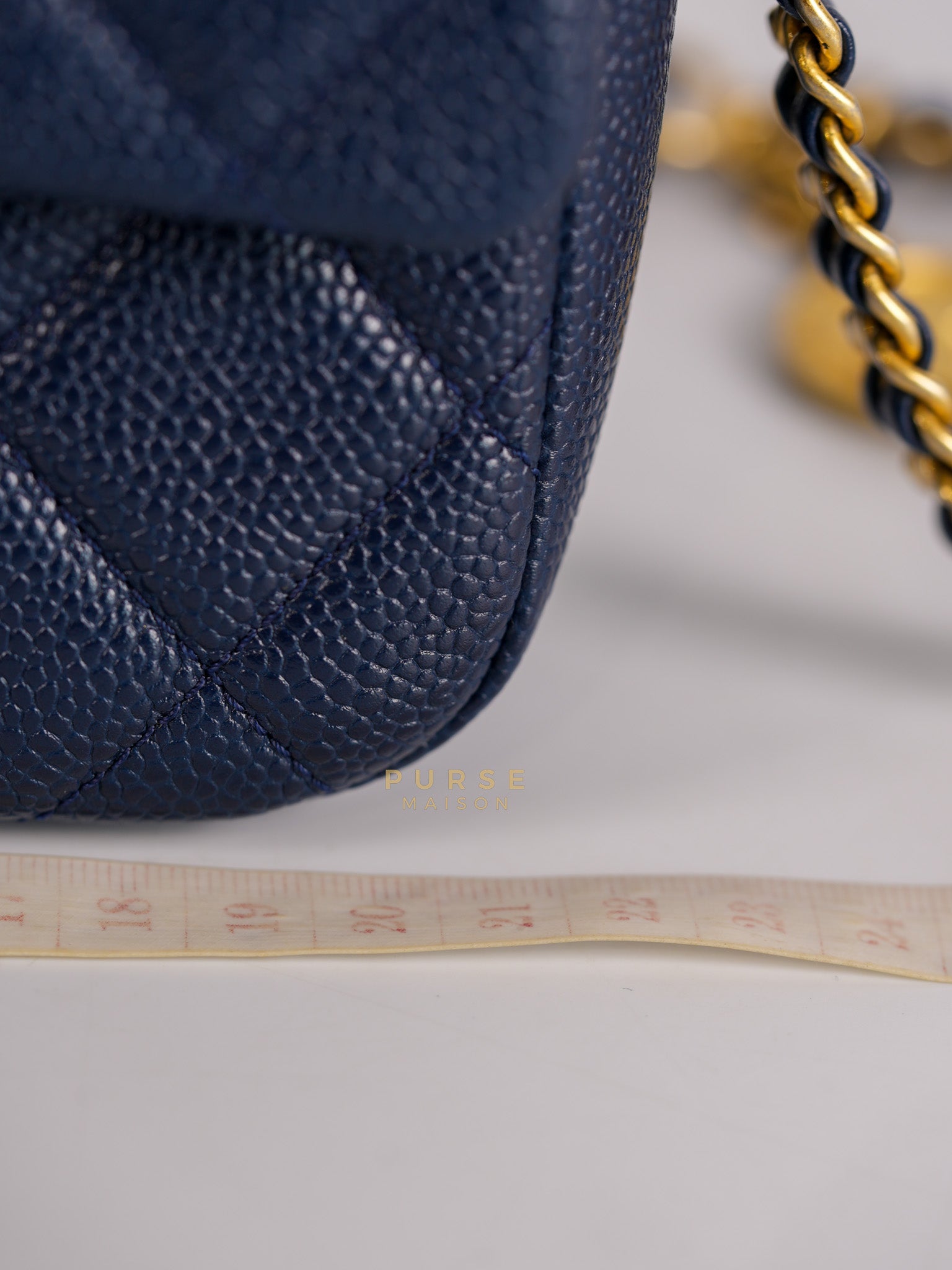 21A Chain Soul Flap in Navy Blue Quilted Caviar Leather and Aged Gold Hardware Microchip | Purse Maison Luxury Bags Shop