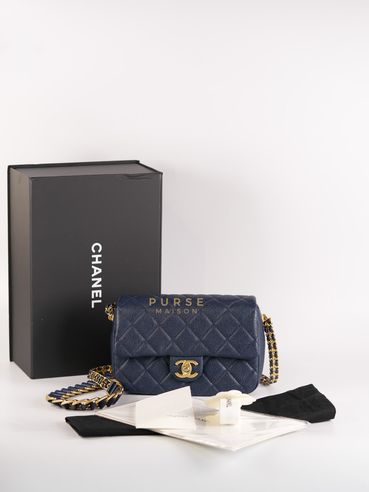 21A Chain Soul Flap in Navy Blue Quilted Caviar Leather and Aged Gold Hardware Microchip | Purse Maison Luxury Bags Shop