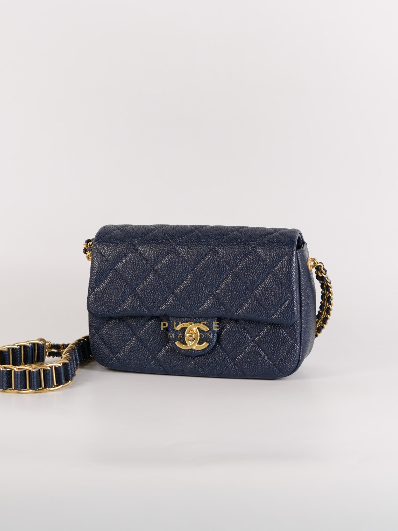 21A Chain Soul Flap in Navy Blue Quilted Caviar Leather and Aged Gold Hardware Microchip | Purse Maison Luxury Bags Shop
