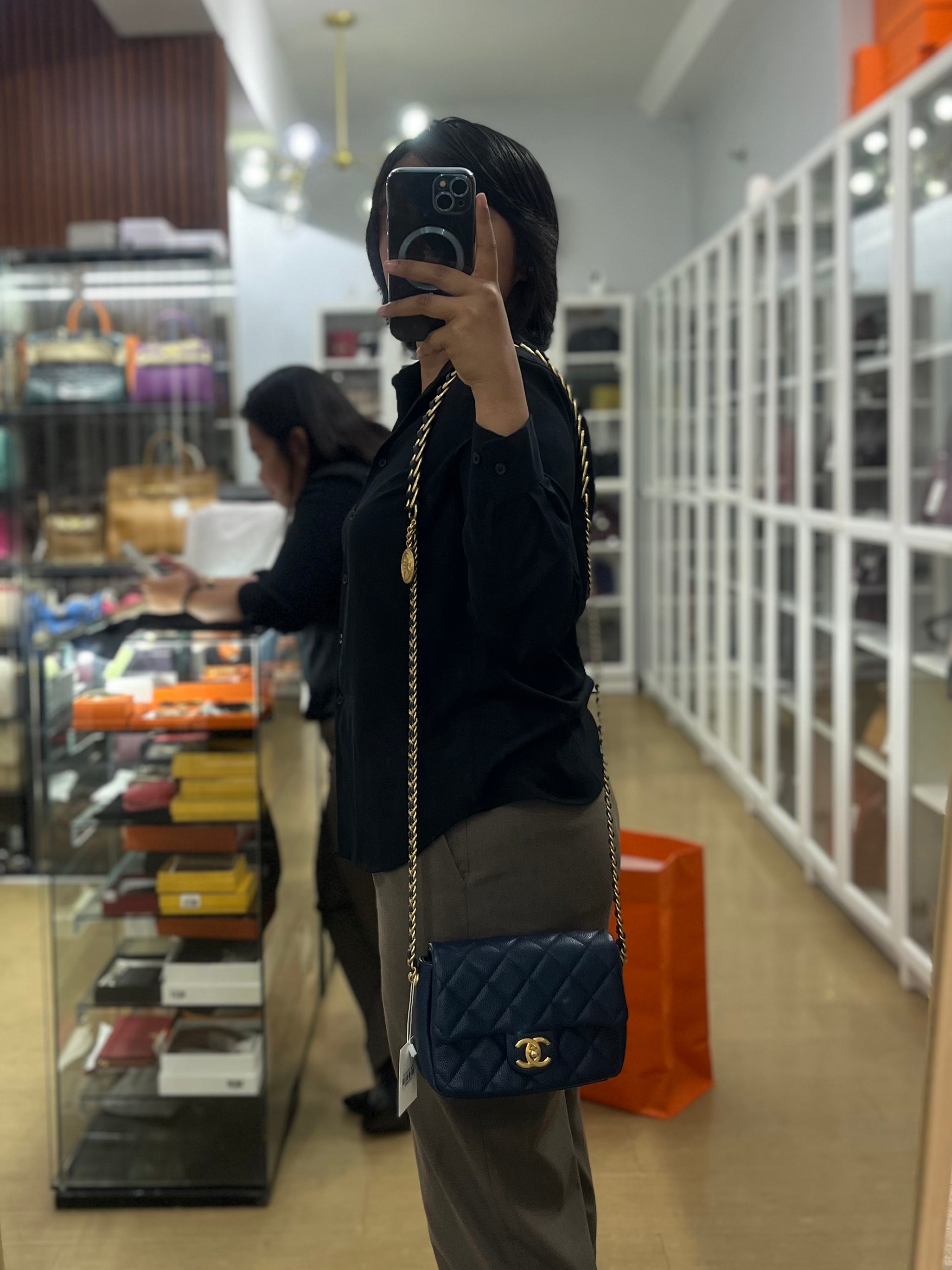 21A Chain Soul Flap in Navy Blue Quilted Caviar Leather and Aged Gold Hardware Microchip | Purse Maison Luxury Bags Shop