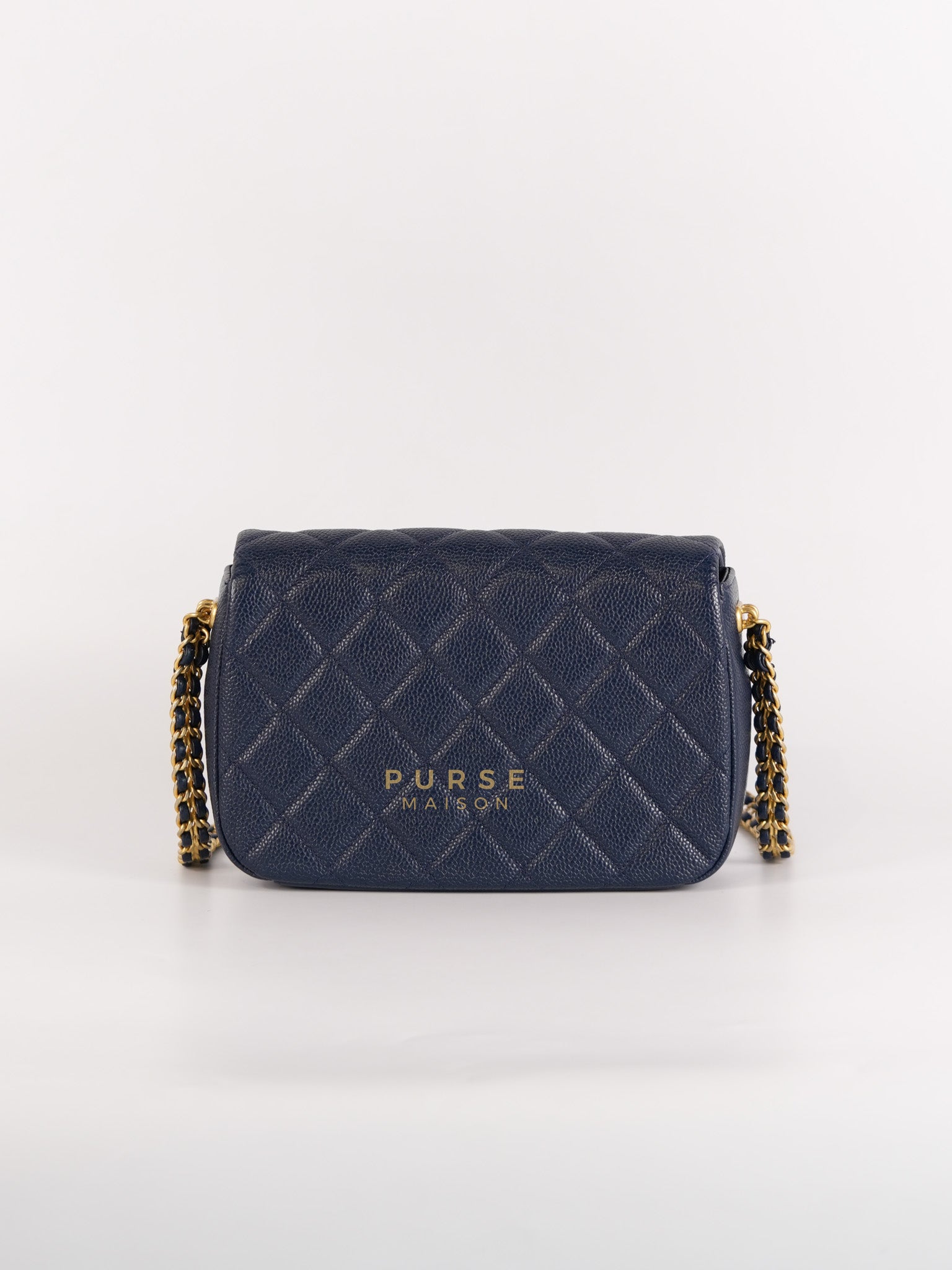21A Chain Soul Flap in Navy Blue Quilted Caviar Leather and Aged Gold Hardware Microchip | Purse Maison Luxury Bags Shop