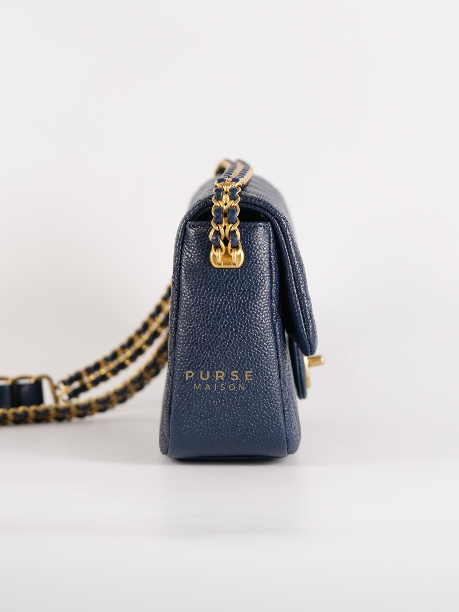 21A Chain Soul Flap in Navy Blue Quilted Caviar Leather and Aged Gold Hardware Microchip | Purse Maison Luxury Bags Shop