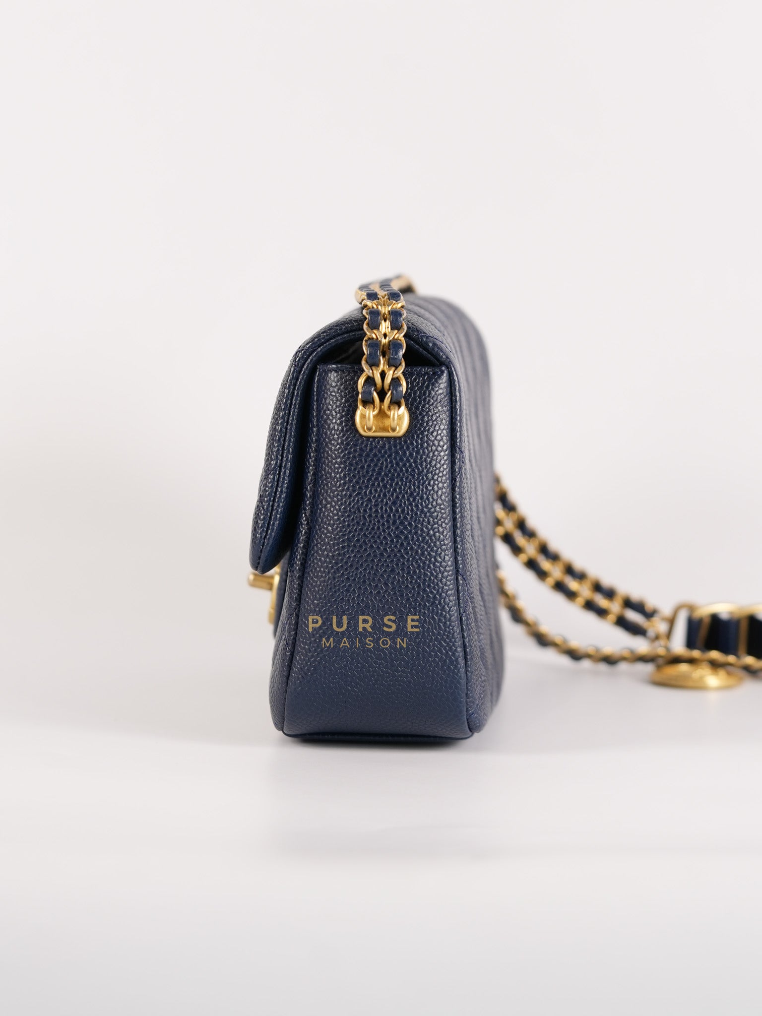 21A Chain Soul Flap in Navy Blue Quilted Caviar Leather and Aged Gold Hardware Microchip | Purse Maison Luxury Bags Shop