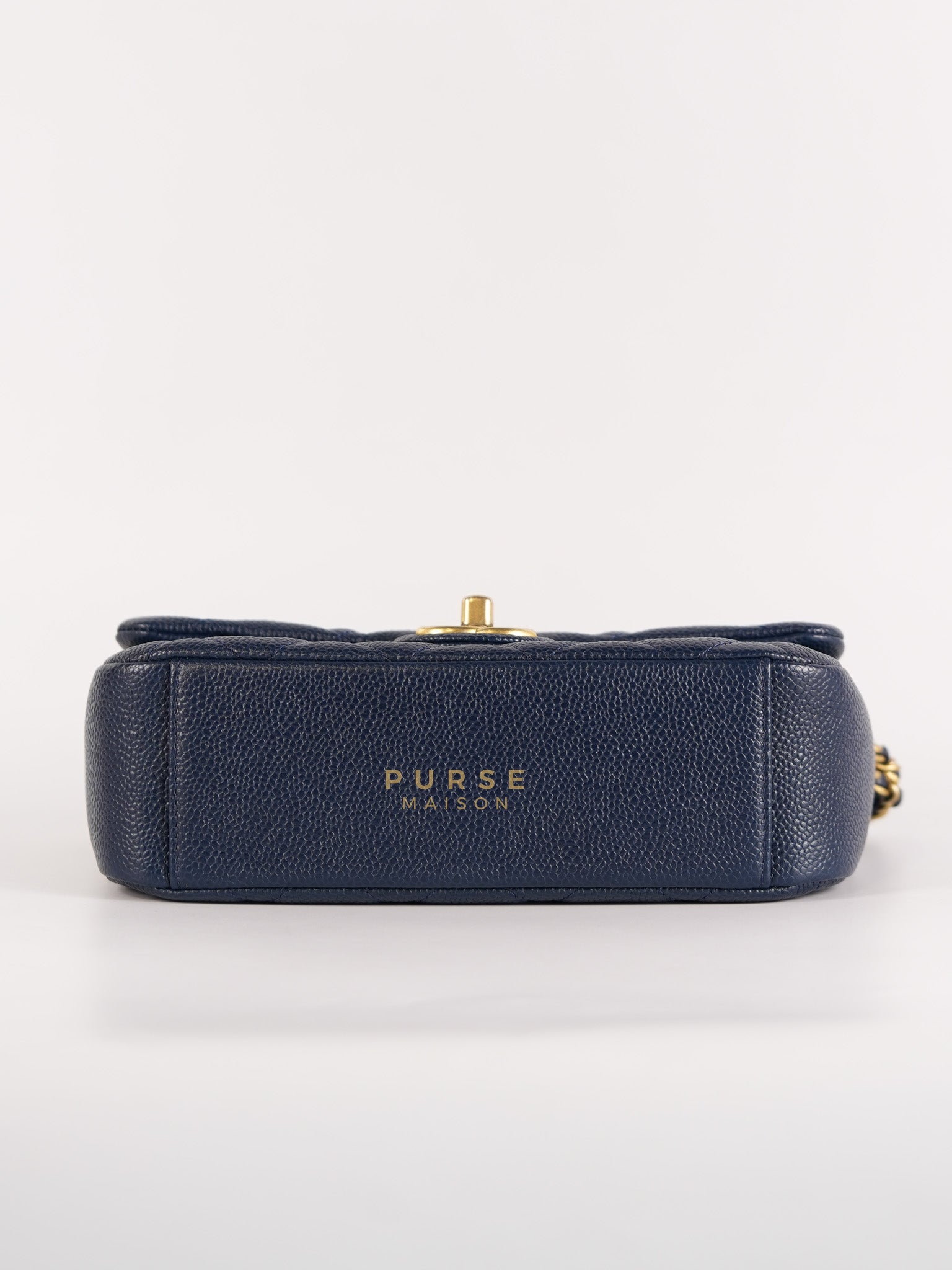 21A Chain Soul Flap in Navy Blue Quilted Caviar Leather and Aged Gold Hardware Microchip | Purse Maison Luxury Bags Shop