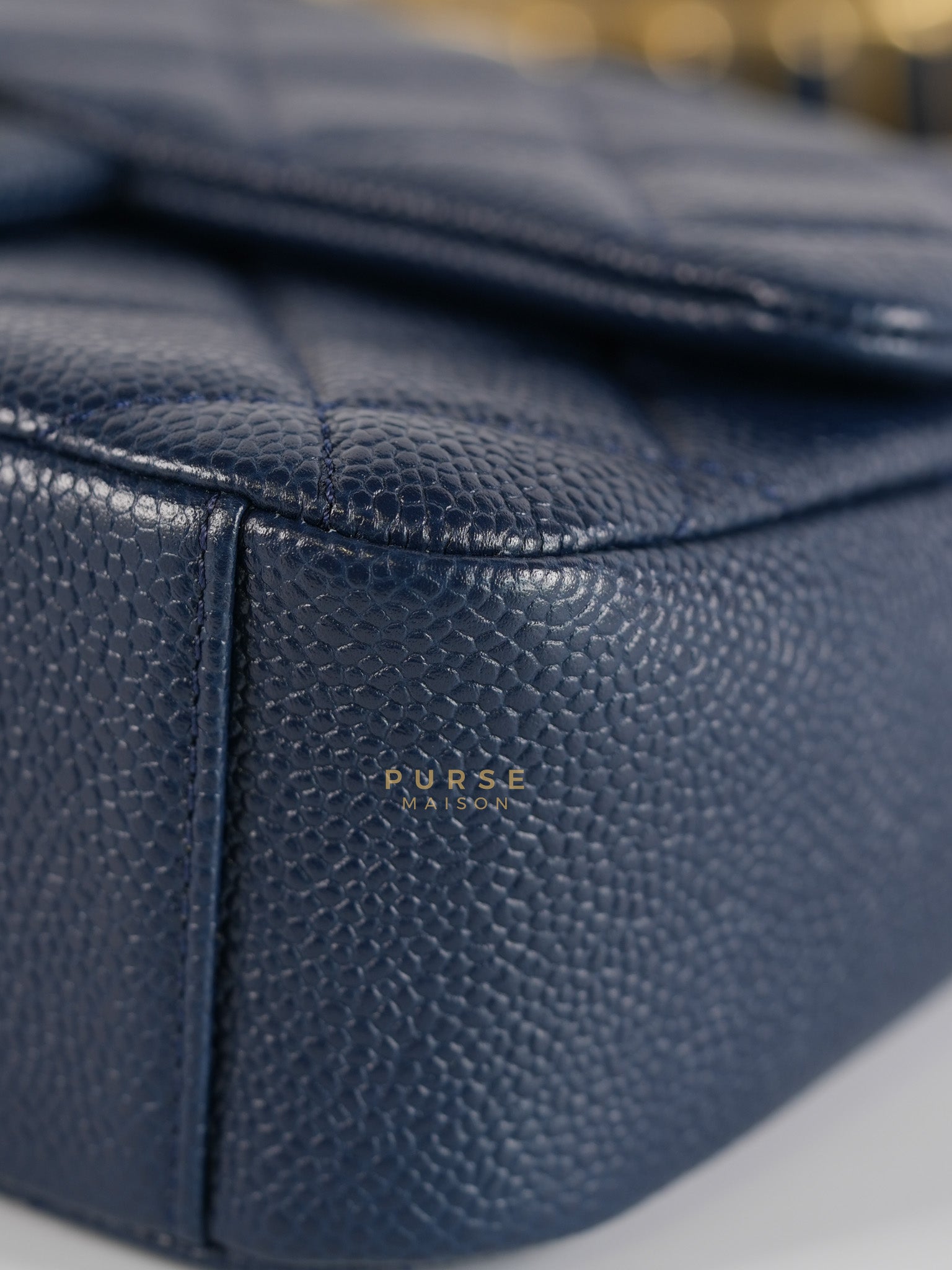 21A Chain Soul Flap in Navy Blue Quilted Caviar Leather and Aged Gold Hardware Microchip | Purse Maison Luxury Bags Shop