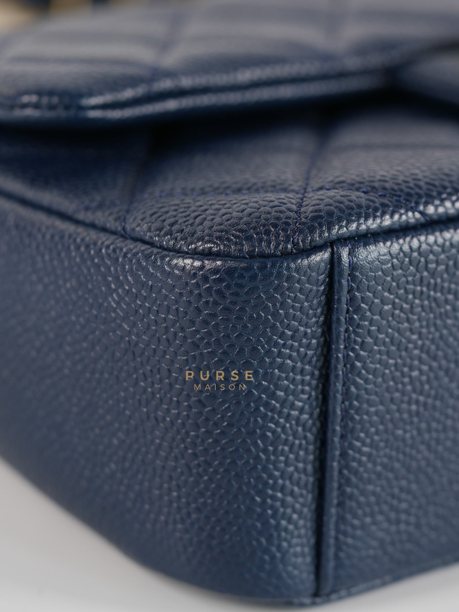 21A Chain Soul Flap in Navy Blue Quilted Caviar Leather and Aged Gold Hardware Microchip | Purse Maison Luxury Bags Shop