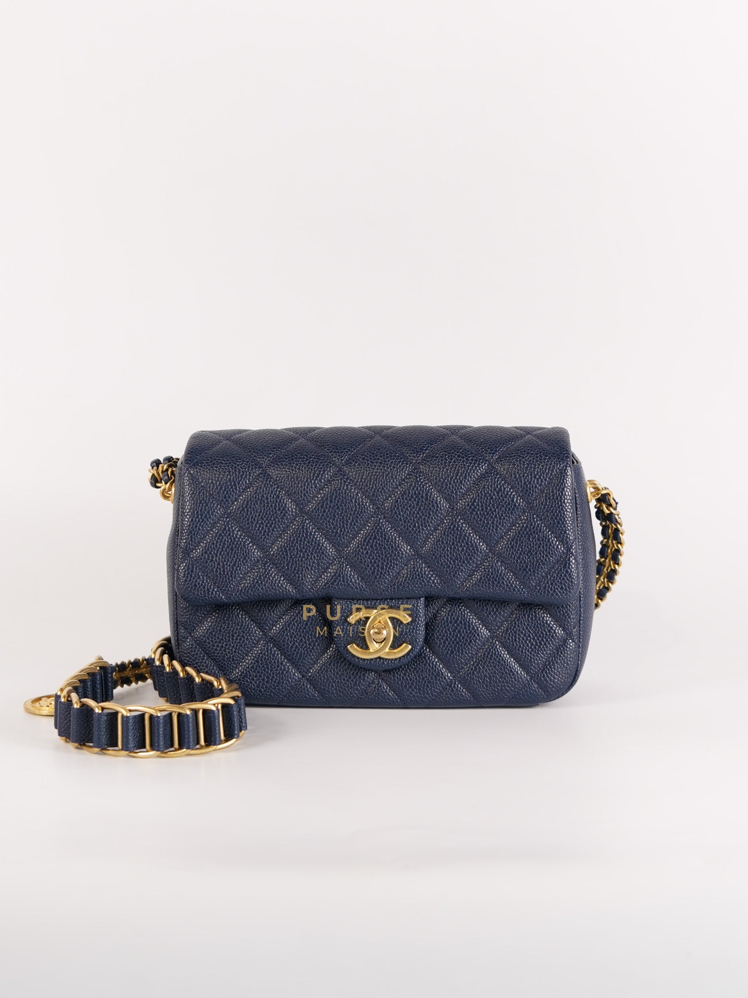 21A Chain Soul Flap in Navy Blue Quilted Caviar Leather and Aged Gold Hardware Microchip | Purse Maison Luxury Bags Shop