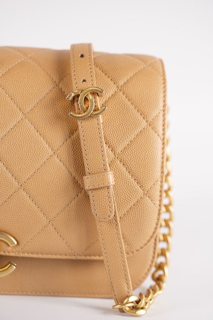 21K Beige Small Messenger Bag Caviar & Aged Gold Hardware (Microchip) | Purse Maison Luxury Bags Shop