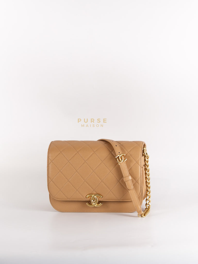 21K Beige Small Messenger Bag Caviar & Aged Gold Hardware (Microchip) | Purse Maison Luxury Bags Shop