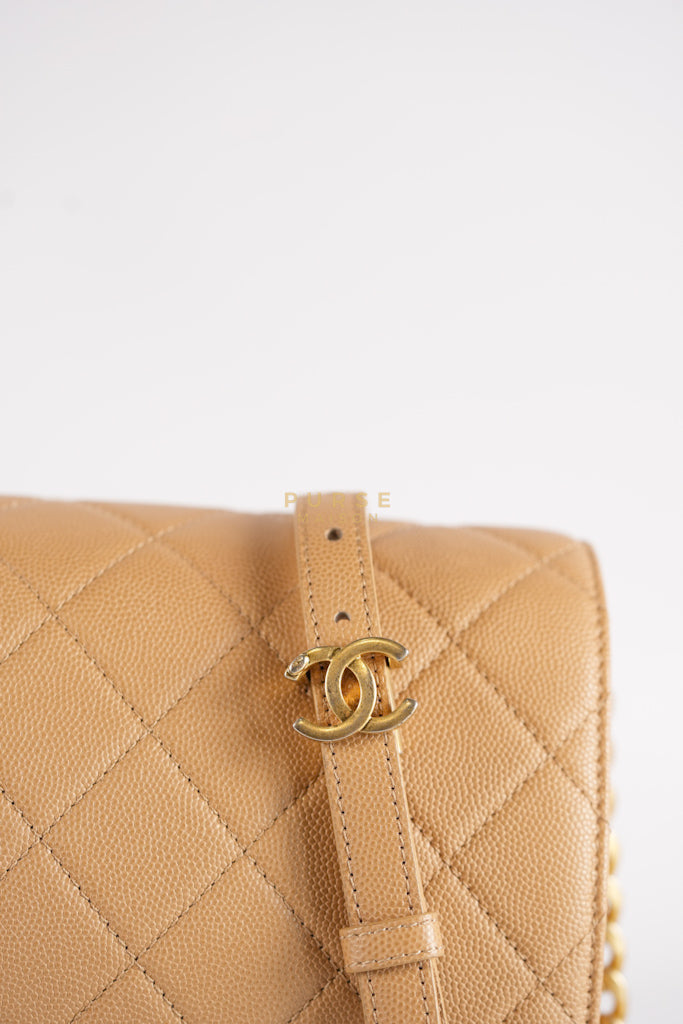 21K Beige Small Messenger Bag Caviar & Aged Gold Hardware (Microchip) | Purse Maison Luxury Bags Shop