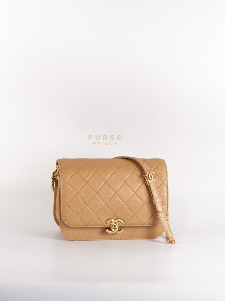 21K Beige Small Messenger Bag Caviar & Aged Gold Hardware (Microchip) | Purse Maison Luxury Bags Shop