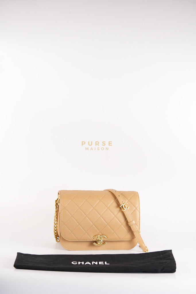 21K Beige Small Messenger Bag Caviar & Aged Gold Hardware (Microchip) | Purse Maison Luxury Bags Shop