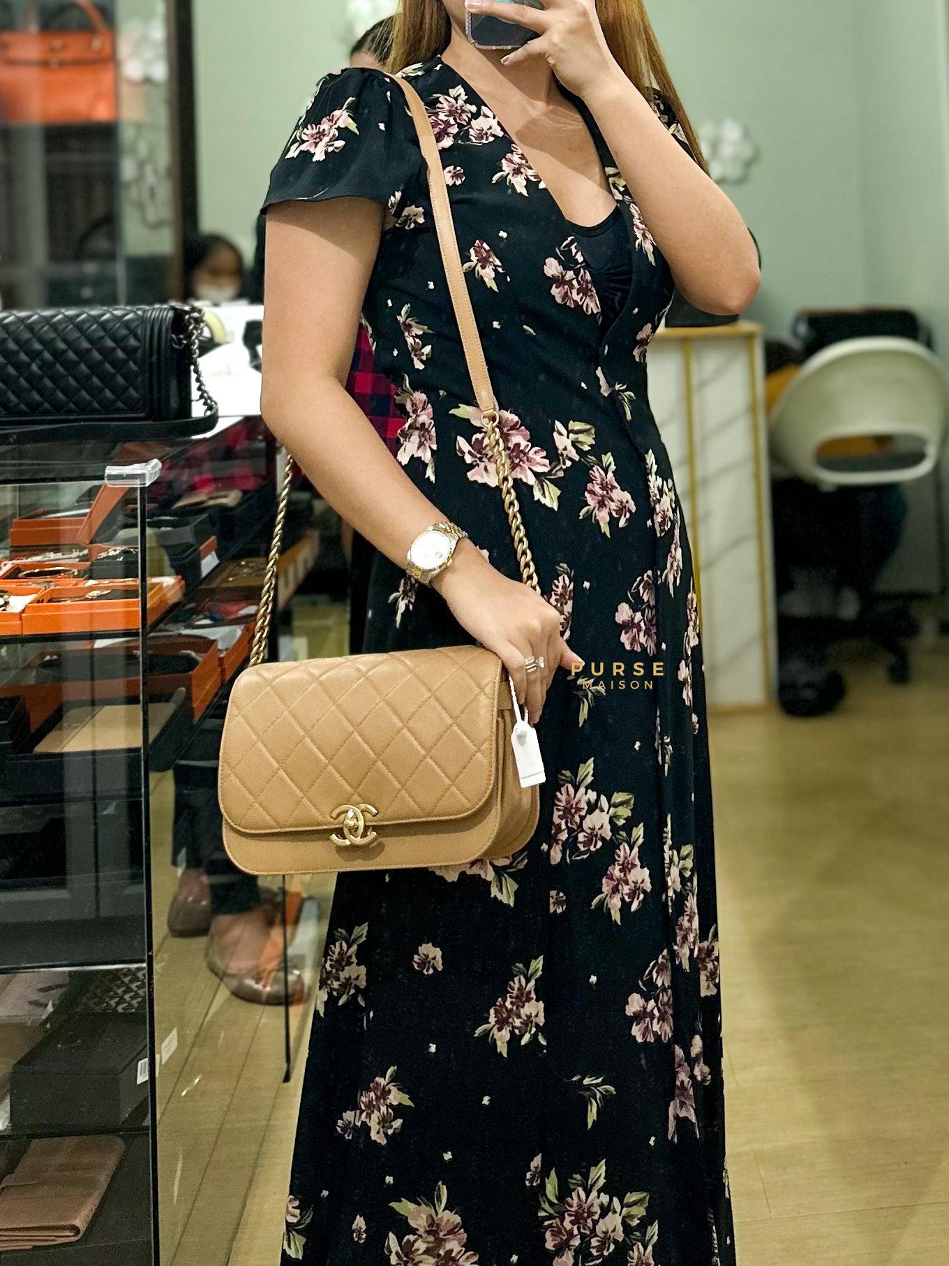 21K Beige Small Messenger Bag Caviar & Aged Gold Hardware (Microchip) | Purse Maison Luxury Bags Shop