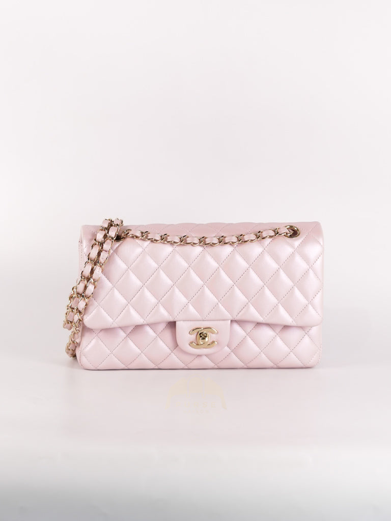 21S Classic Medium Double Flap in Rose Clair Iridescent Lambskin Leather and Light Gold Hardware Series 31 | Purse Maison Luxury Bags Shop
