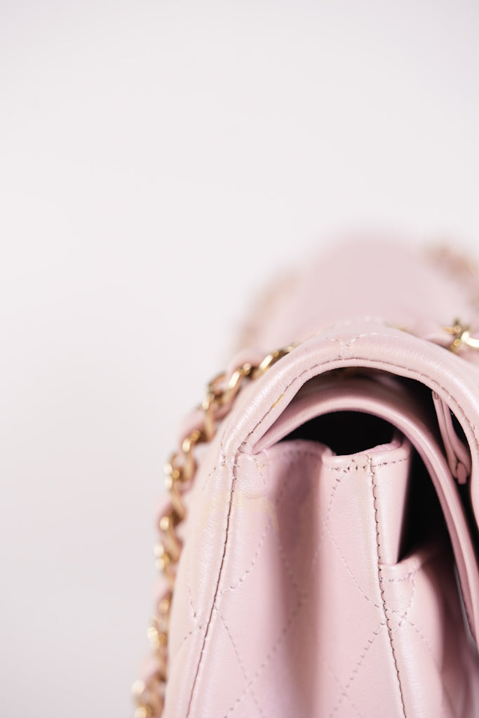 21S Classic Medium Double Flap in Rose Clair Iridescent Lambskin Leather and Light Gold Hardware Series 31 | Purse Maison Luxury Bags Shop