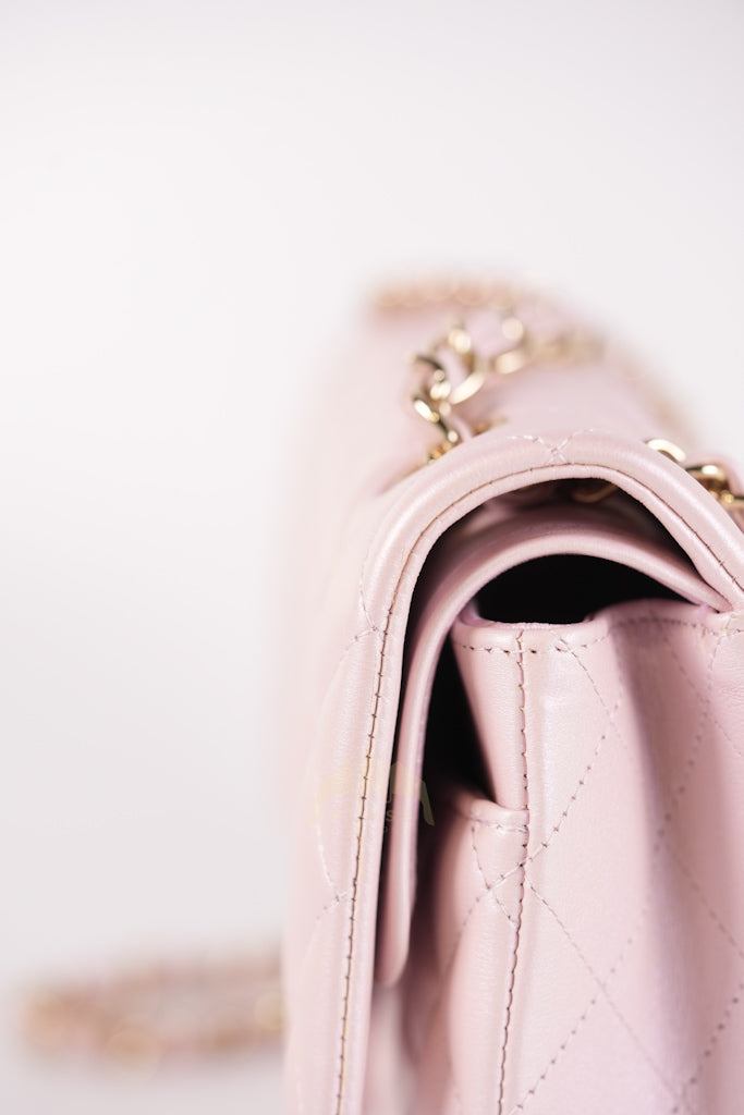 21S Classic Medium Double Flap in Rose Clair Iridescent Lambskin Leather and Light Gold Hardware Series 31 | Purse Maison Luxury Bags Shop