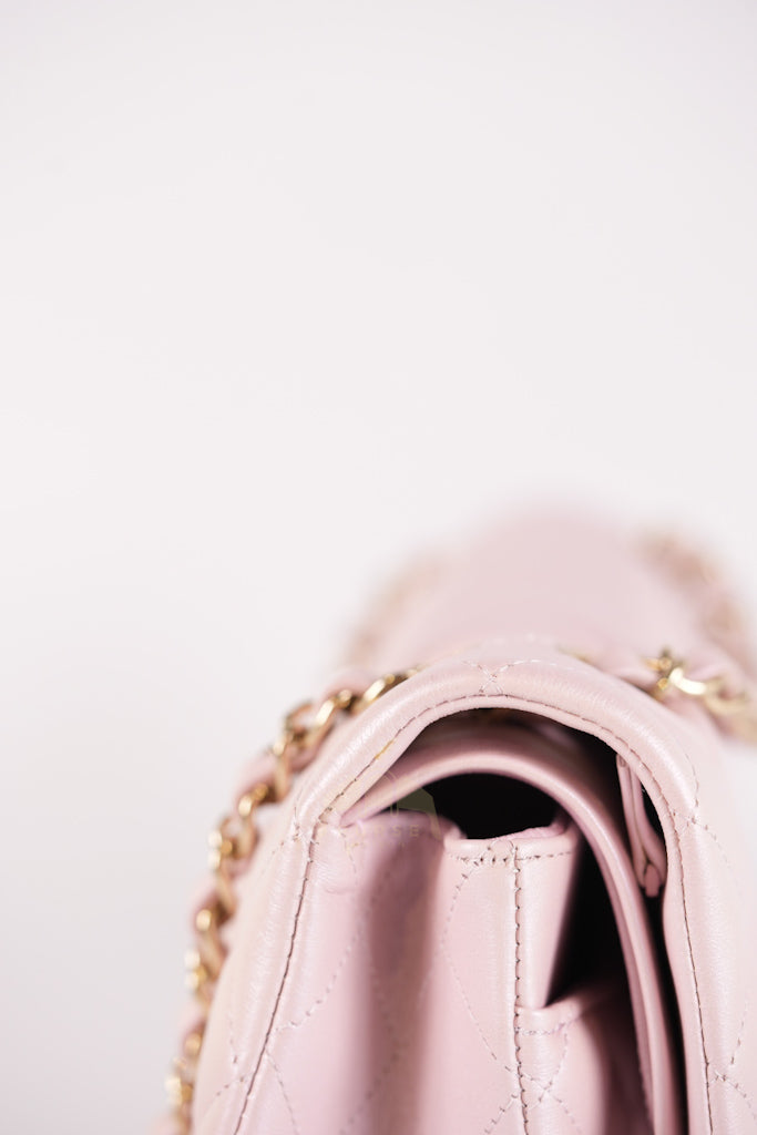 21S Classic Medium Double Flap in Rose Clair Iridescent Lambskin Leather and Light Gold Hardware Series 31 | Purse Maison Luxury Bags Shop