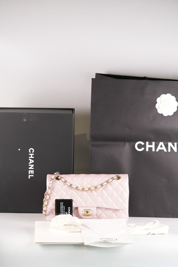 21S Classic Medium Double Flap in Rose Clair Iridescent Lambskin Leather and Light Gold Hardware Series 31 | Purse Maison Luxury Bags Shop