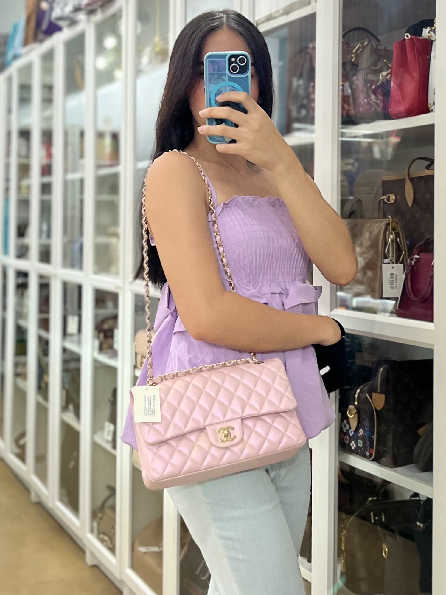 21S Classic Medium Double Flap in Rose Clair Iridescent Lambskin Leather and Light Gold Hardware Series 31 | Purse Maison Luxury Bags Shop